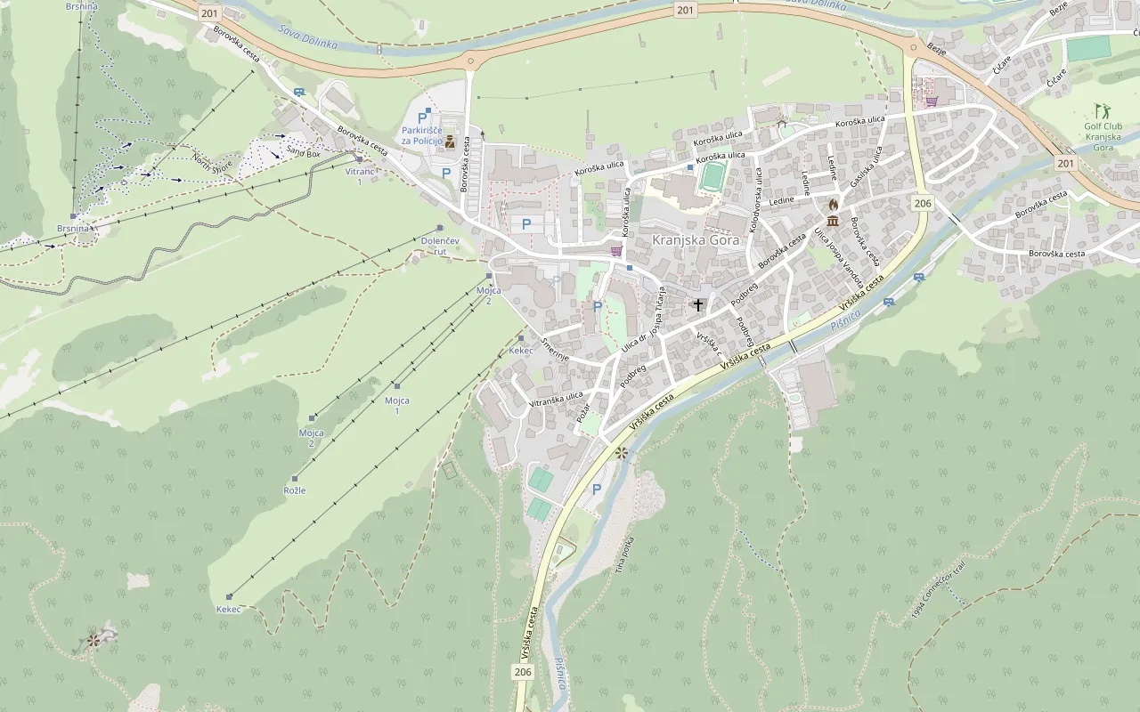 Zemljevid Kranjske Gore z apartmaji Katja na Smerinju 6, ob vlečnici Kekec